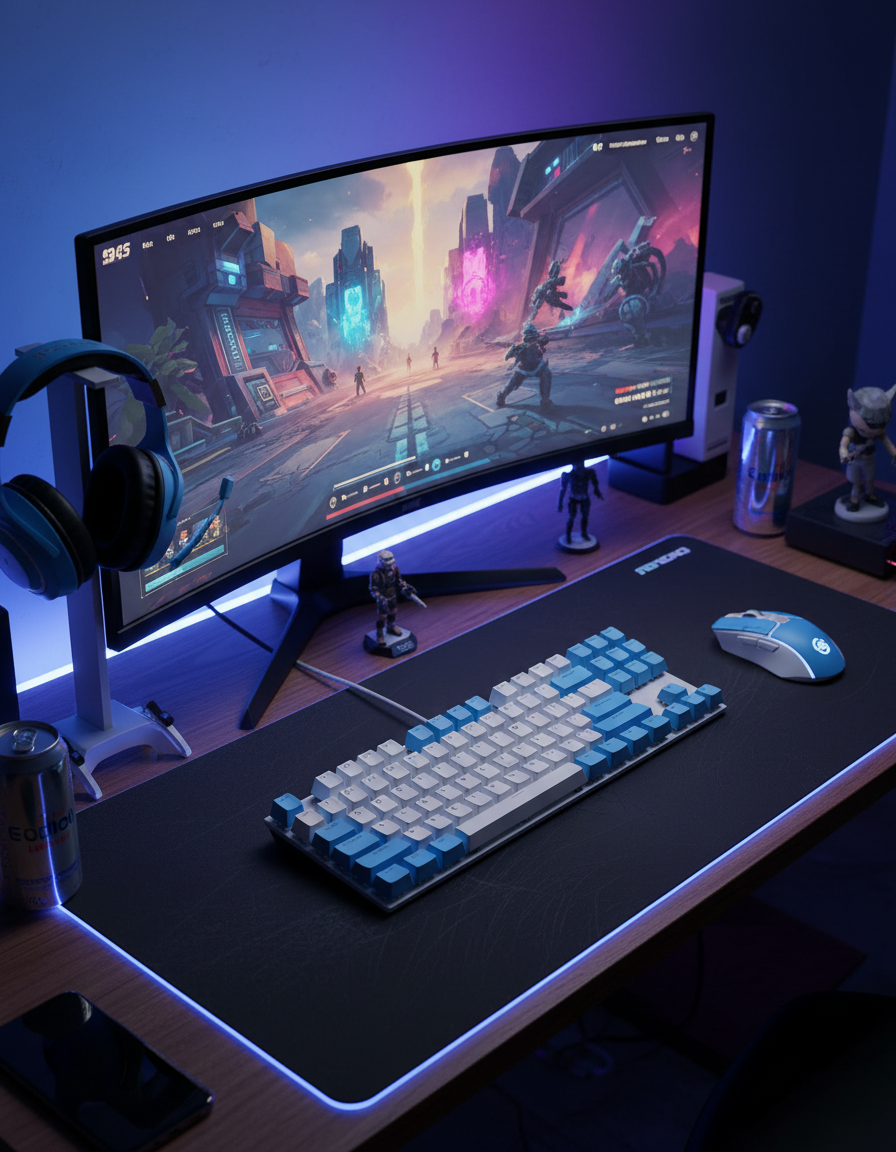 Gaming setup with a large monitor, keyboard, mouse, and headphones on a desk.